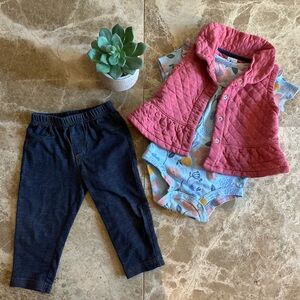 Carters 12m Pink Quilted Vest with Blue Onesie and Jeggings Pants Set